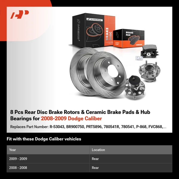 8 Pcs Rear Disc Brake Rotors & Ceramic Brake Pads & Hub Bearings for 2008-2009 Dodge Caliber
