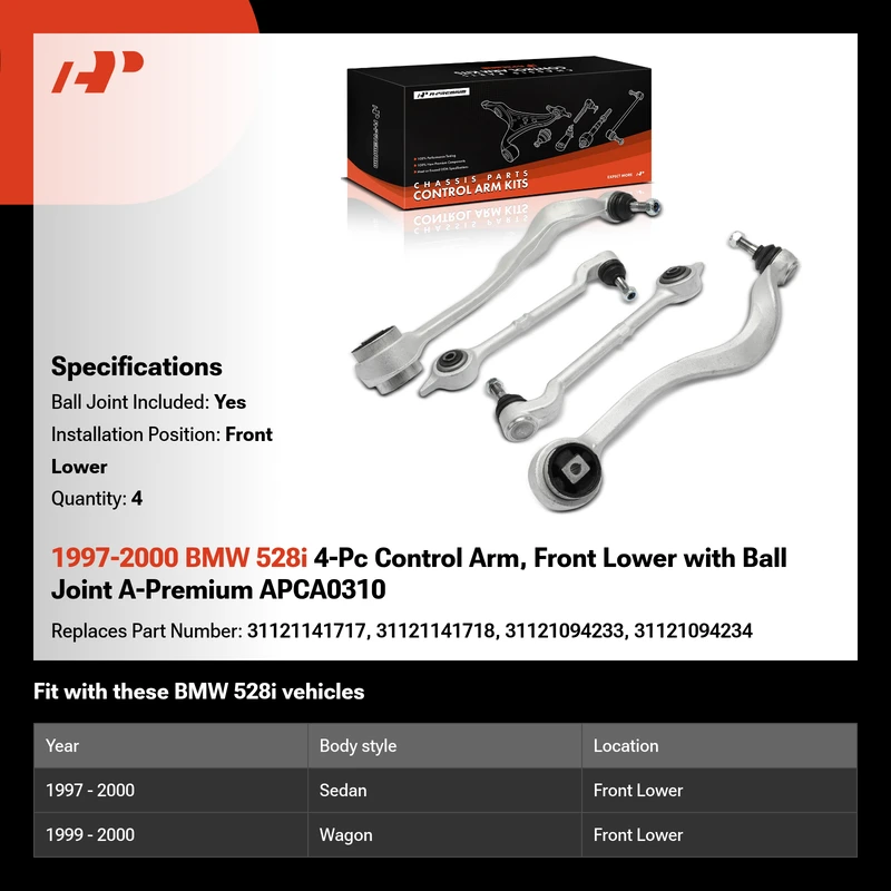 1997-2000 BMW 528i 4-Pc Control Arm, Front Lower with Ball Joint A-Premium APCA0310