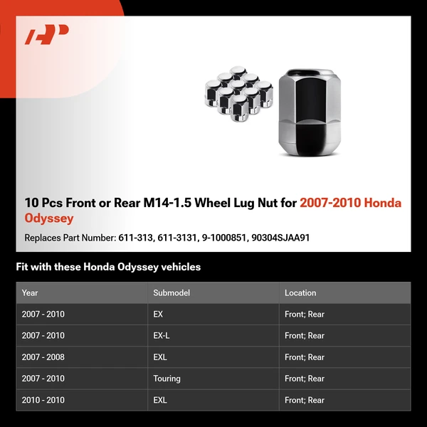 10 Pcs Front or Rear M14-1.5 Wheel Lug Nut for 2007-2010 Honda Odyssey