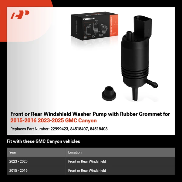 Front or Rear Windshield Washer Pump with Rubber Grommet for 2015-2016 2023-2025 GMC Canyon