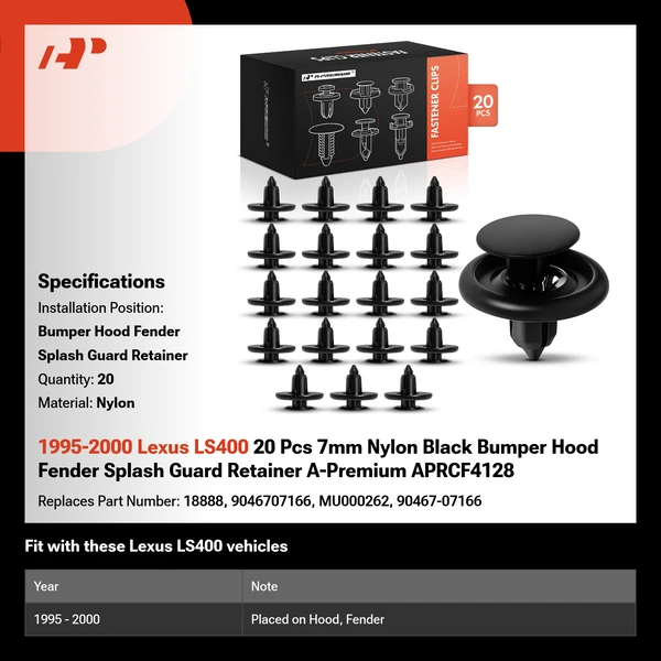 1995-2000 Lexus LS400 20 Pcs 7mm Nylon Black Bumper Hood Fender Splash Guard Retainer A-Premium APRCF4128