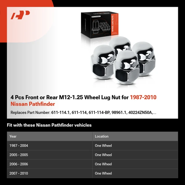 4 Pcs Front or Rear M12-1.25 Wheel Lug Nut for 1987-2010 Nissan Pathfinder
