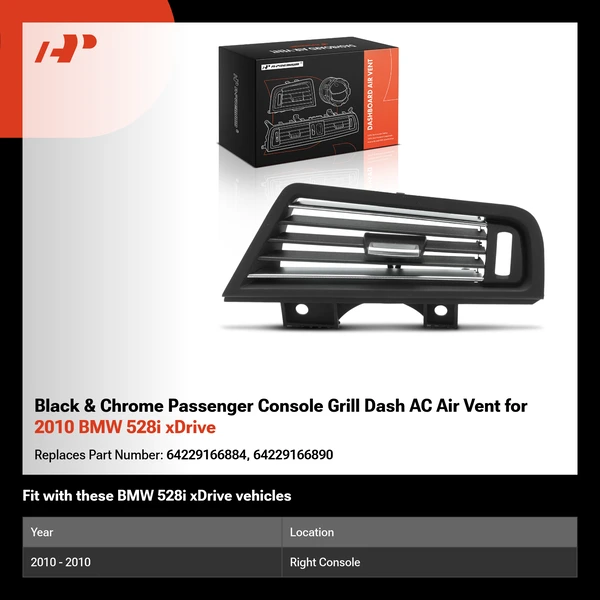 Black & Chrome Passenger Console Grill Dash AC Air Vent for 2010 BMW 528i xDrive