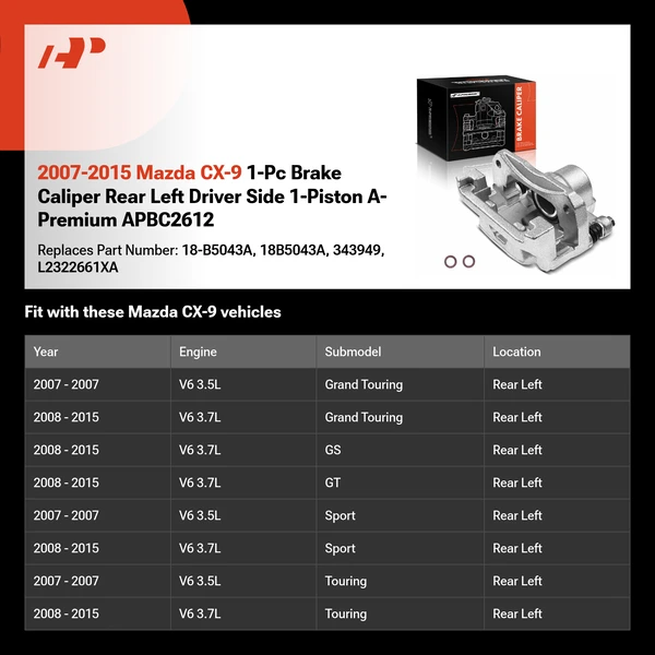 2007-2015 Mazda CX-9 1-Pc Brake Caliper Rear Left Driver Side 1-Piston A-Premium APBC2612