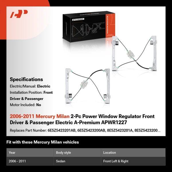 2006-2011 Mercury Milan 2-Pc Power Window Regulator Front Driver & Passenger Electric A-Premium APWR1227