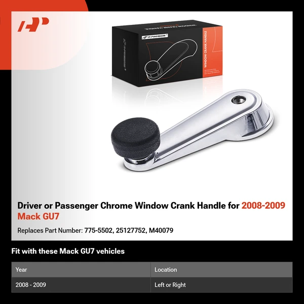 Driver or Passenger Chrome Window Crank Handle for 2008-2009 Mack GU7