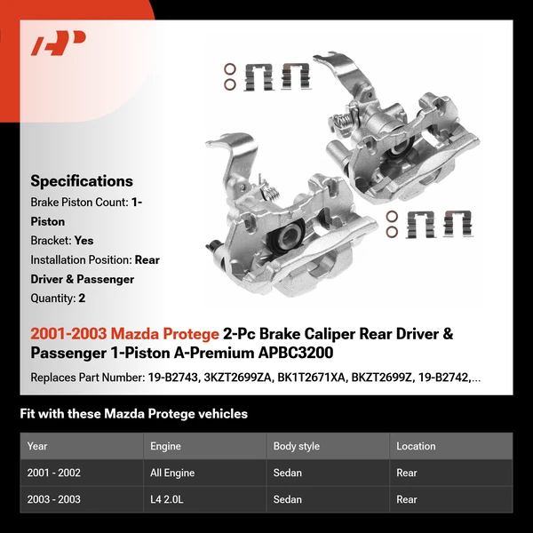 2001-2003 Mazda Protege 2-Pc Brake Caliper Rear Driver & Passenger 1-Piston A-Premium APBC3200