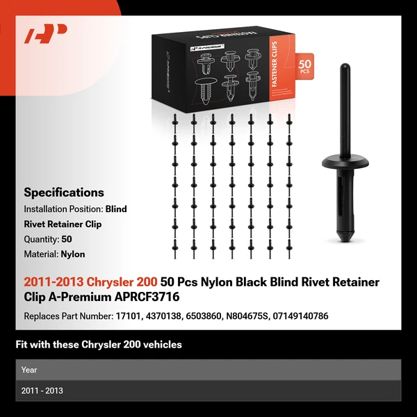 2011-2013 Chrysler 200 50 Pcs Nylon Black Blind Rivet Retainer Clip A-Premium APRCF3716