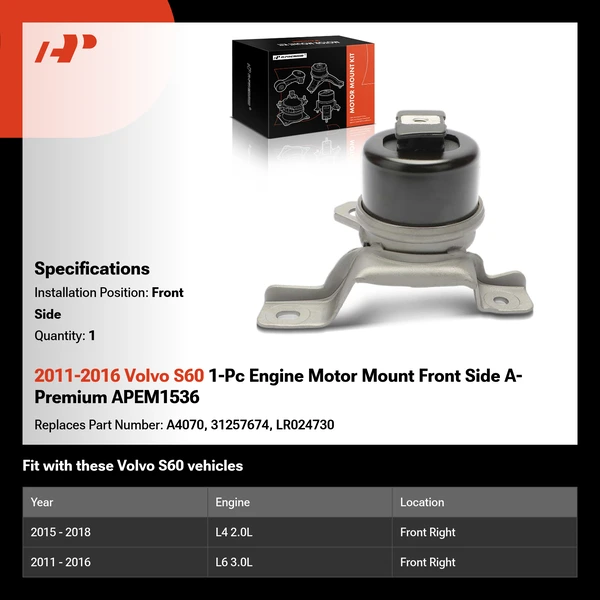 2011-2016 Volvo S60 1-Pc Engine Motor Mount Front Side A-Premium APEM1536