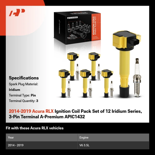 2014-2019 Acura RLX Ignition Coil Pack Set of 12 Iridium Series, 3-Pin Terminal A-Premium APIC1432