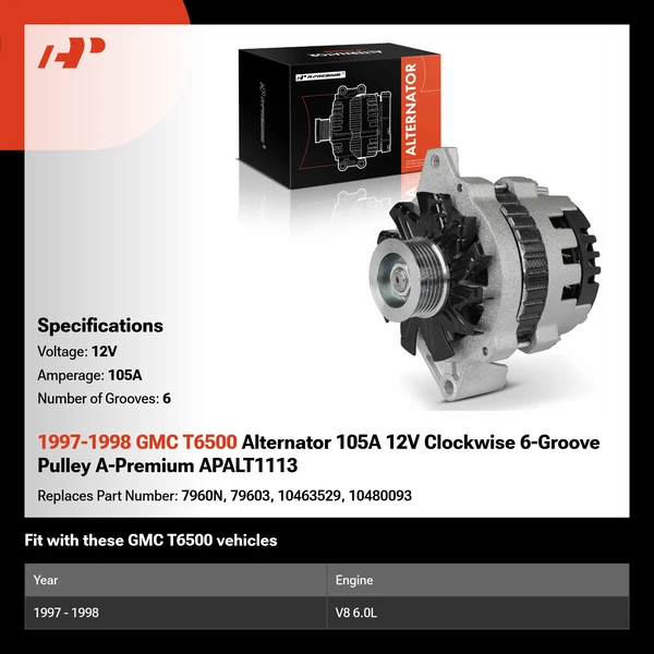 1997-1998 GMC T6500 Alternator 105A 12V Clockwise 6-Groove Pulley A-Premium APALT1113