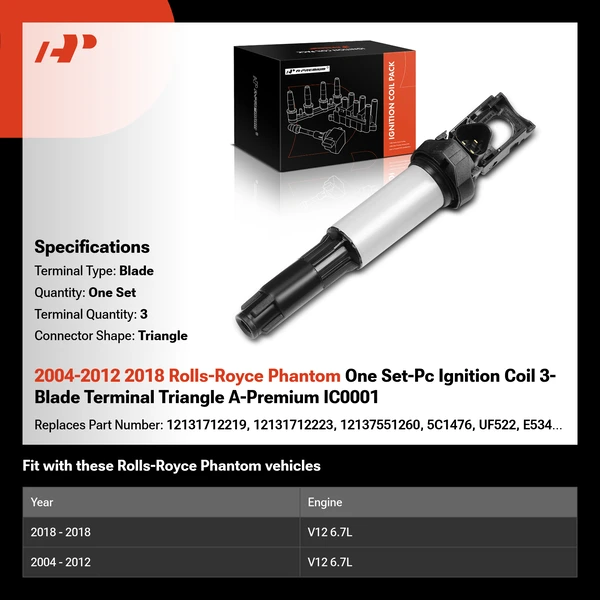 2004-2012 2018 Rolls-Royce Phantom One Set-Pc Ignition Coil 3-Blade Terminal Triangle A-Premium IC0001