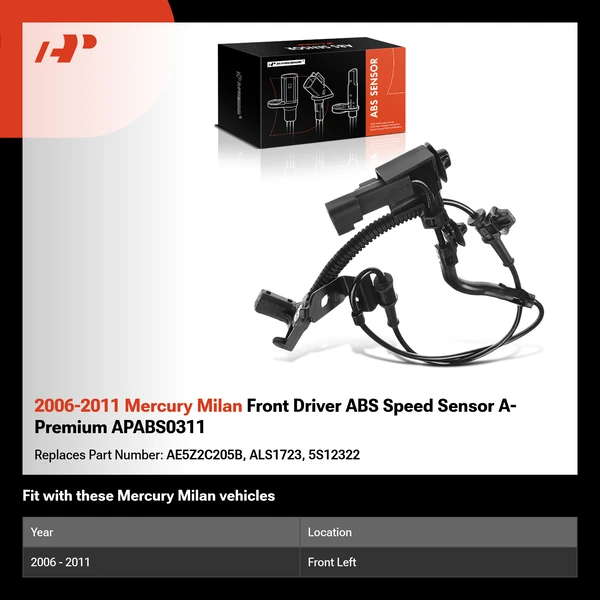 2006-2011 Mercury Milan Front Driver ABS Speed Sensor A-Premium APABS0311