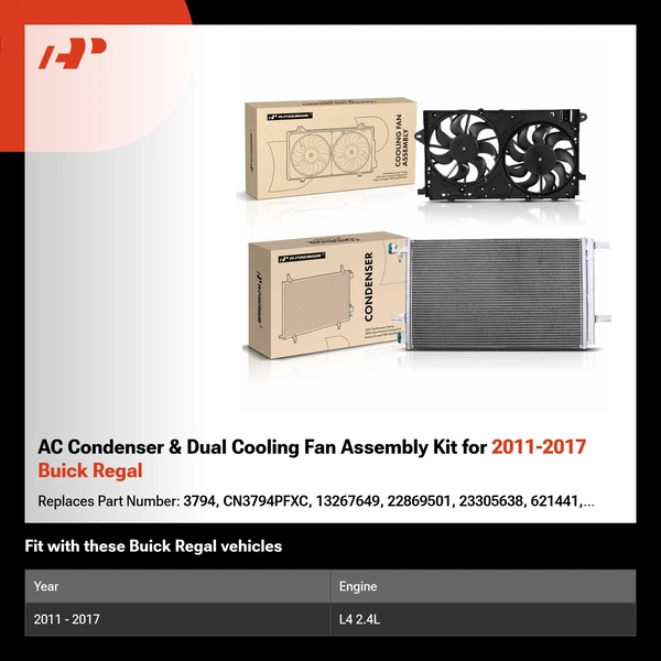 AC Condenser & Dual Cooling Fan Assembly Kit for 2011-2017 Buick Regal