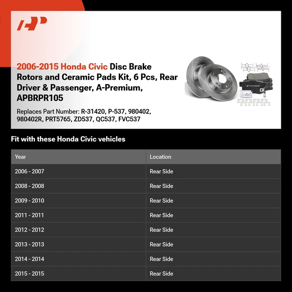 2006-2015 Honda Civic Disc Brake Rotors and Ceramic Pads Kit, 6 Pcs, Rear Driver & Passenger, A-Premium, APBRPR105