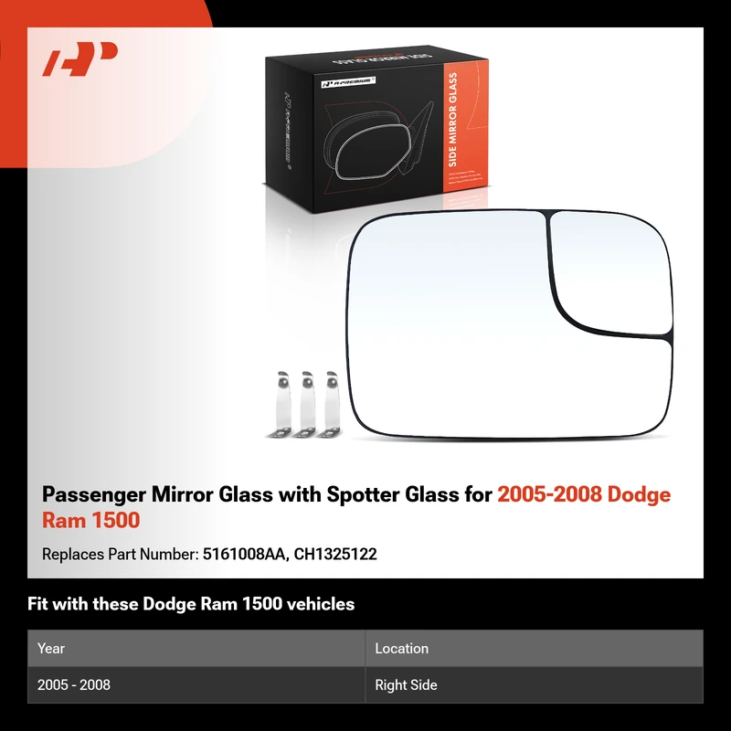 Passenger Mirror Glass with Spotter Glass for 2005-2008 Dodge Ram 1500