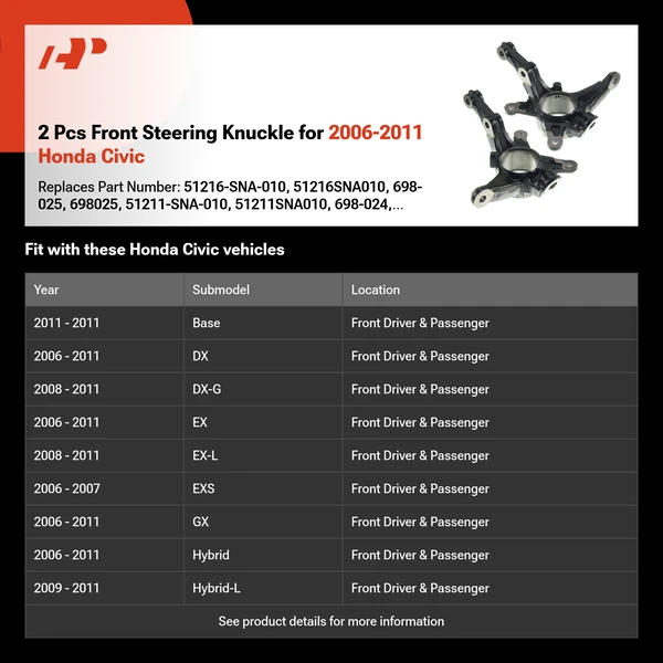 2 Pcs Front Steering Knuckle for 2006-2011 Honda Civic