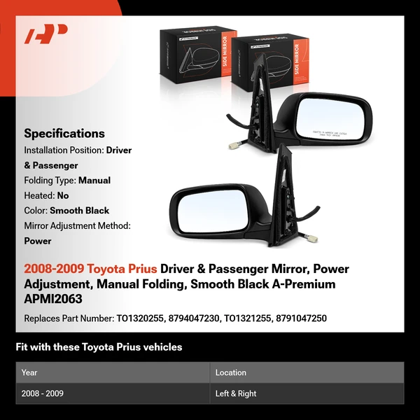 2008-2009 Toyota Prius Driver & Passenger Mirror, Power Adjustment, Manual Folding, Smooth Black A-Premium APMI2063