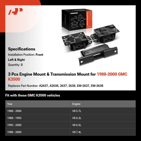 3 Pcs Engine Mount & Transmission Mount for 1988-2000 GMC K3500