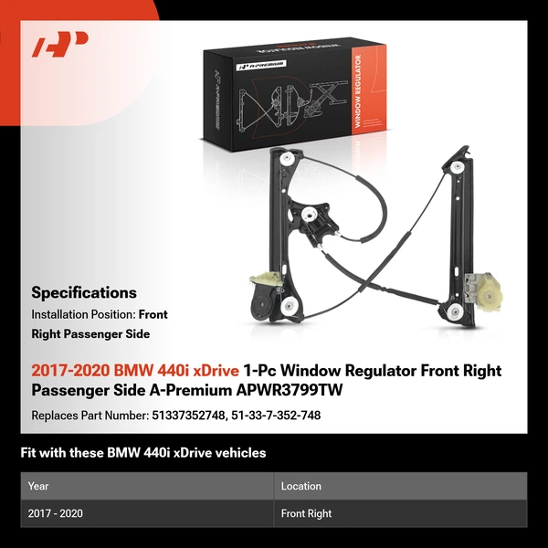 2017-2020 BMW 440i xDrive 1-Pc Window Regulator Front Right Passenger Side A-Premium APWR3799TW