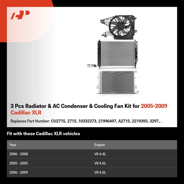 3 Pcs Radiator & AC Condenser & Cooling Fan Kit for 2005-2009 Cadillac XLR