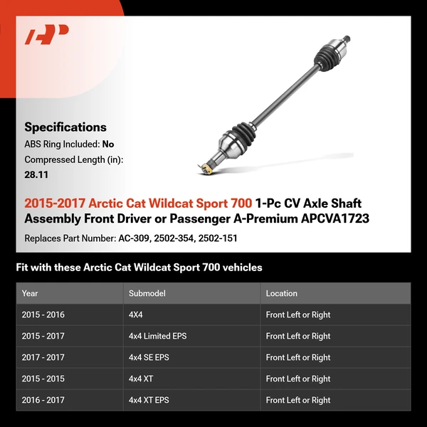 2015-2017 Arctic Cat Wildcat Sport 700 1-Pc CV Axle Shaft Assembly Front Driver or Passenger A-Premium APCVA1723