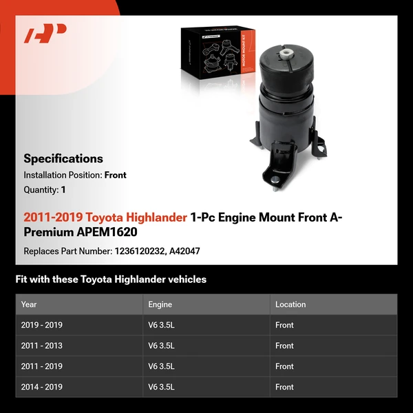 2011-2019 Toyota Highlander 1-Pc Engine Mount Front A-Premium APEM1620