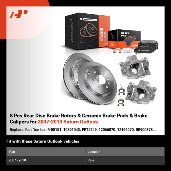 8 Pcs Rear Disc Brake Rotors & Ceramic Brake Pads & Brake Calipers for 2007-2010 Saturn Outlook