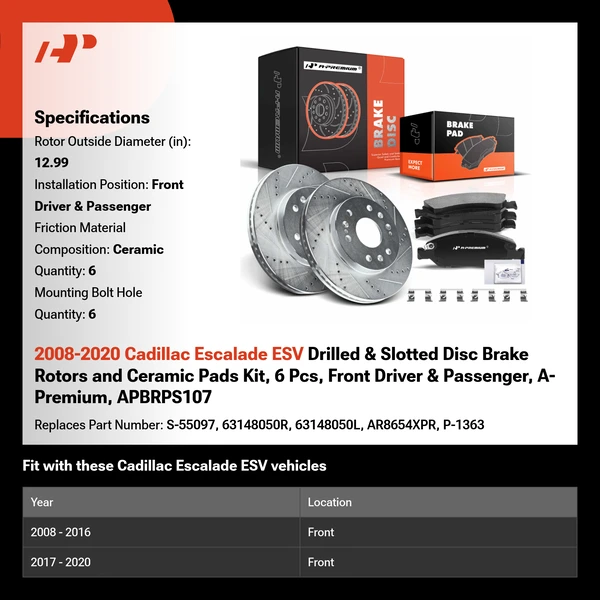 2008-2020 Cadillac Escalade ESV Drilled & Slotted Disc Brake Rotors and Ceramic Pads Kit, 6 Pcs, Front Driver & Passenger, A-Premium, APBRPS107