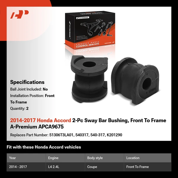 2014-2017 Honda Accord 2-Pc Sway Bar Bushing, Front To Frame A-Premium APCA9675