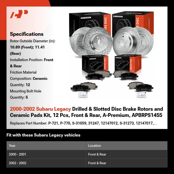 2000-2002 Subaru Legacy Drilled & Slotted Disc Brake Rotors and Ceramic Pads Kit, 12 Pcs, Front & Rear, A-Premium, APBRPS1455
