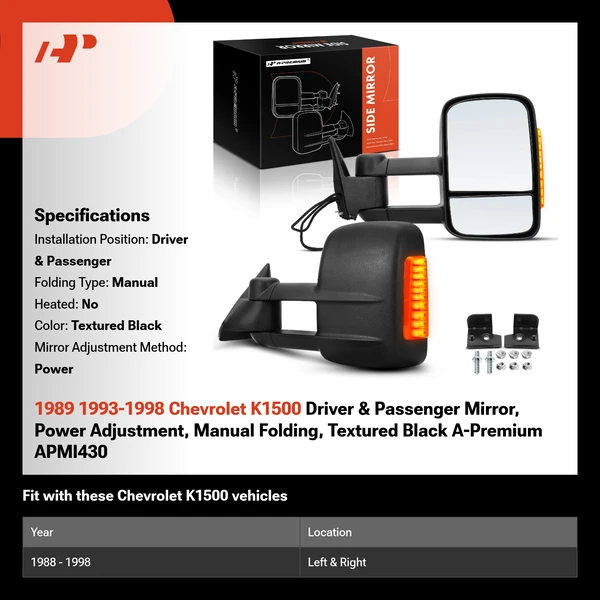 1989 1993-1998 Chevrolet K1500 Driver & Passenger Mirror, Power Adjustment, Manual Folding, Textured Black A-Premium APMI430