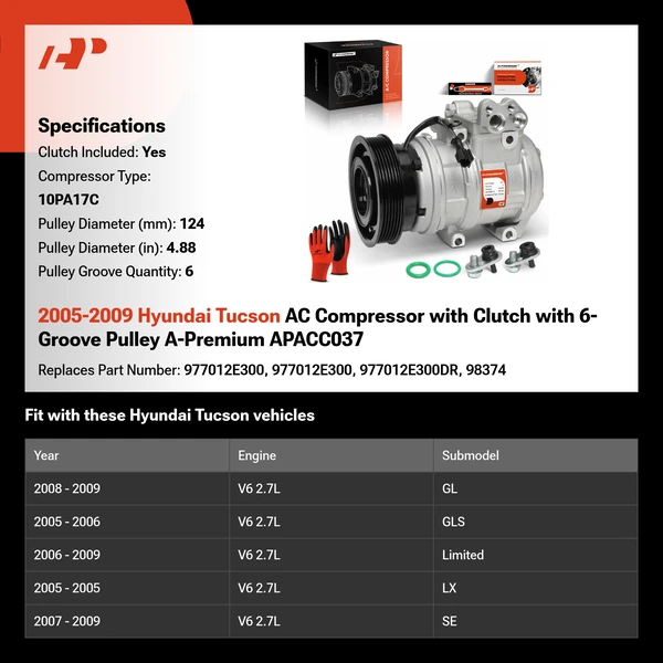 2005-2009 Hyundai Tucson AC Compressor with Clutch with 6-Groove Pulley A-Premium APACC037