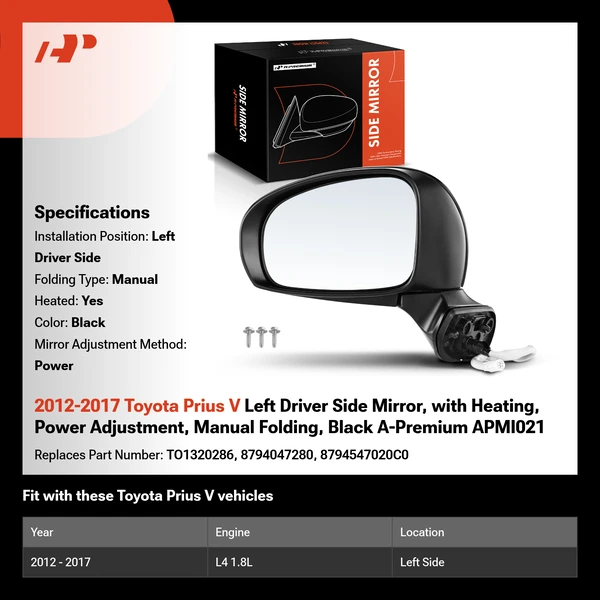 2012-2017 Toyota Prius V Left Driver Side Mirror, with Heating, Power Adjustment, Manual Folding, Black A-Premium APMI021