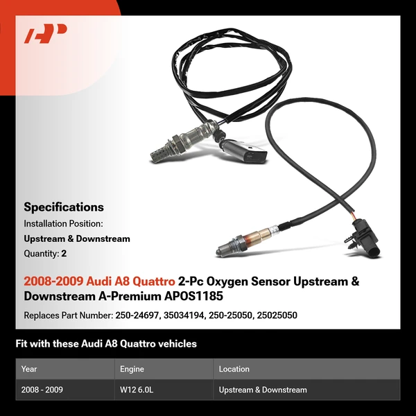 2008-2009 Audi A8 Quattro 2-Pc Oxygen Sensor Upstream & Downstream A-Premium APOS1185