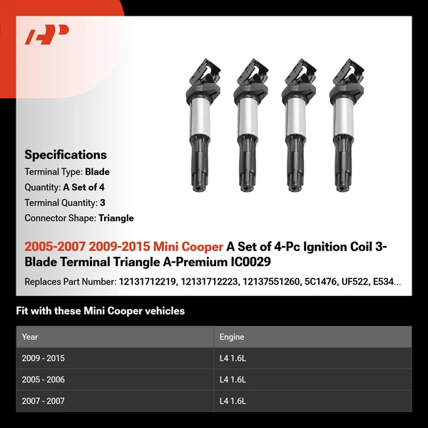 2005-2007 2009-2015 Mini Cooper A Set of 4-Pc Ignition Coil 3-Blade Terminal Triangle A-Premium IC0029