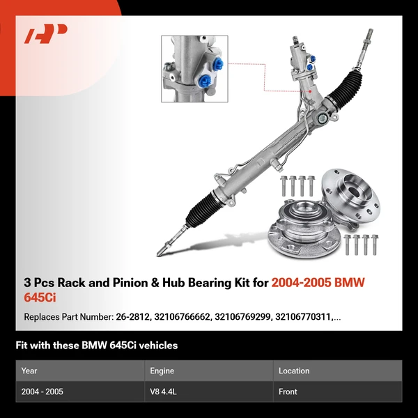 3 Pcs Rack and Pinion & Hub Bearing Kit for 2004-2005 BMW 645Ci