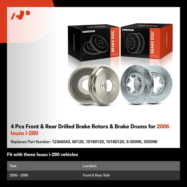4 Pcs Front & Rear Drilled Brake Rotors & Brake Drums for 2006 Isuzu i-280