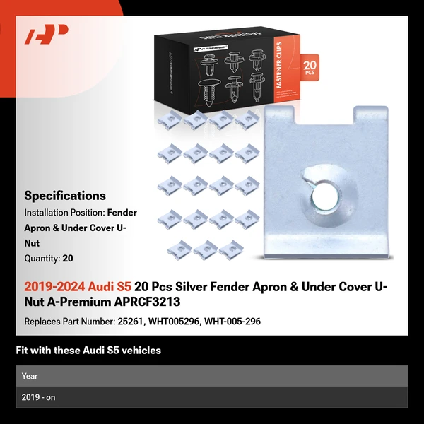 2019-2024 Audi S5 20 Pcs Silver Fender Apron & Under Cover U-Nut A-Premium APRCF3213