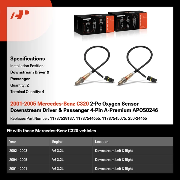 2001-2005 Mercedes-Benz C320 2-Pc Oxygen Sensor Downstream Driver & Passenger 4-Pin A-Premium APOS0246
