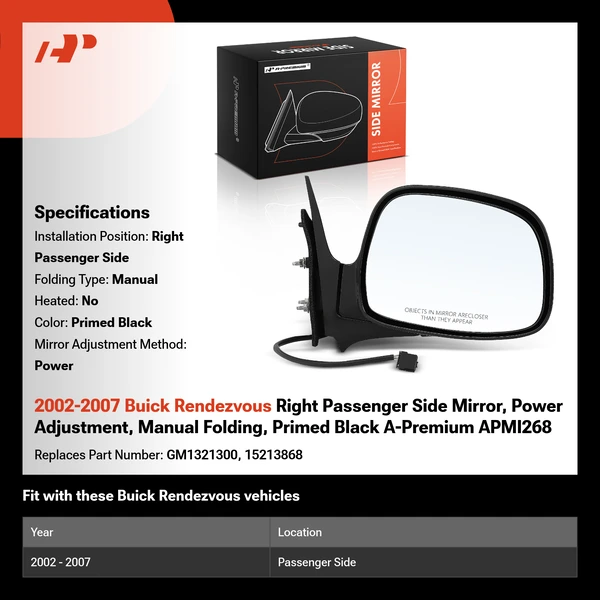 2002-2007 Buick Rendezvous Right Passenger Side Mirror, Power Adjustment, Manual Folding, Primed Black A-Premium APMI268