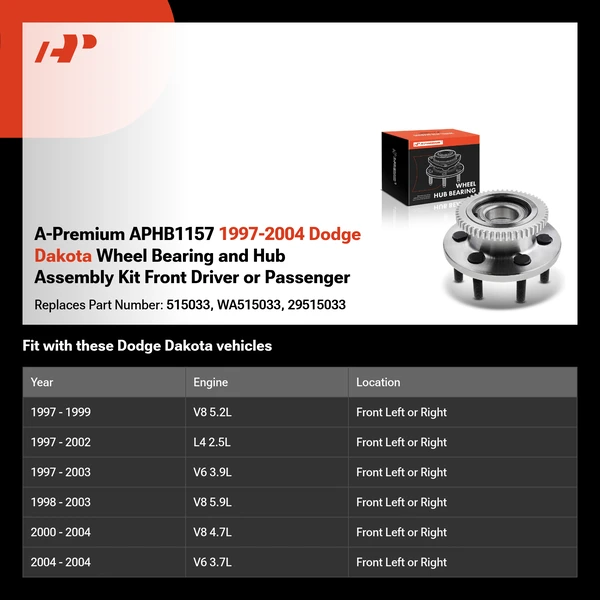 A-Premium APHB1157 1997-2004 Dodge Dakota Wheel Bearing and Hub Assembly Kit Front Driver or Passenger