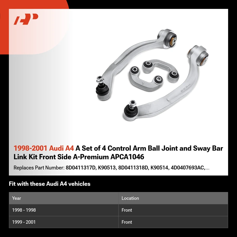 1998-2001 Audi A4 A Set of 4 Control Arm Ball Joint and Sway Bar Link Kit Front Side A-Premium APCA1046