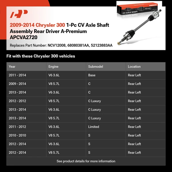 2009-2014 Chrysler 300 1-Pc CV Axle Shaft Assembly Rear Driver A-Premium APCVA2720