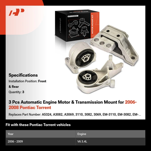 3 Pcs Automatic Engine Motor & Transmission Mount for 2006-2008 Pontiac Torrent