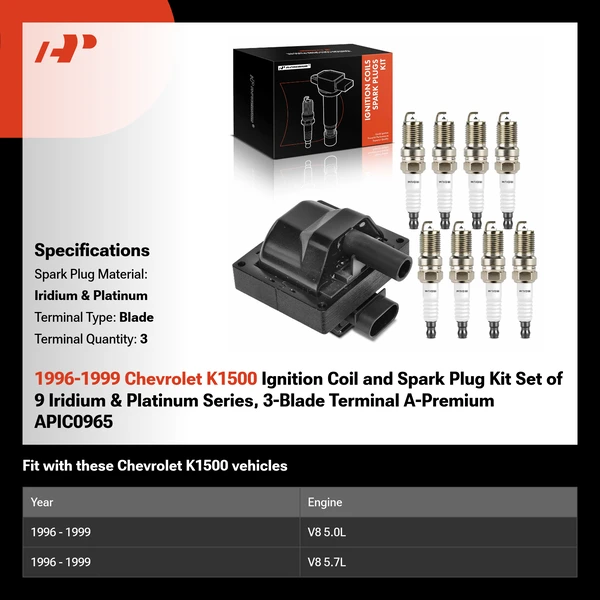 1996-1999 Chevrolet K1500 Ignition Coil and Spark Plug Kit Set of 9 Iridium & Platinum Series, 3-Blade Terminal A-Premium APIC0965