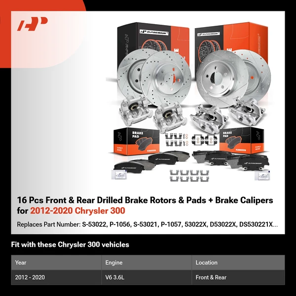 16 Pcs Front & Rear Drilled Brake Rotors & Pads + Brake Calipers for 2012-2020 Chrysler 300