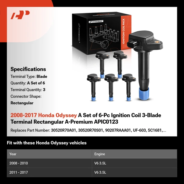 2008-2017 Honda Odyssey A Set of 6-Pc Ignition Coil 3-Blade Terminal Rectangular A-Premium APIC0123