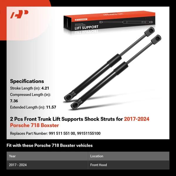 2 Pcs Front Trunk Lift Supports Shock Struts for 2017-2024 Porsche 718 Boxster