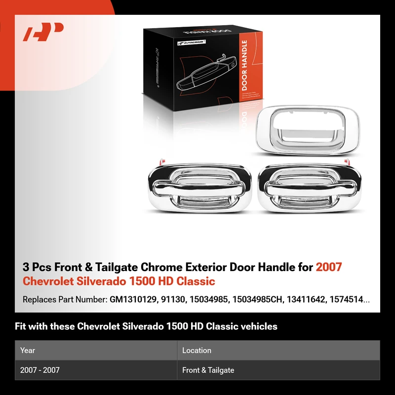 3 Pcs Front & Tailgate Chrome Exterior Door Handle for 2007 Chevrolet Silverado 1500 HD Classic